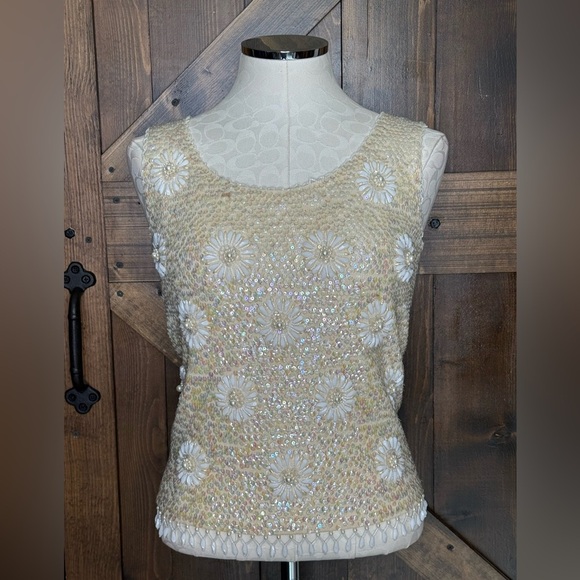 Vintage 60s Hand Beaded and Opalescent Sequined Sleeveless Ivory Wool Sweater M - Picture 1 of 12